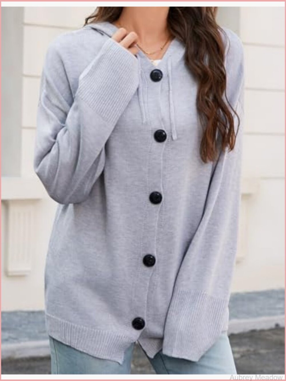 V Neck Button Down Hooded Knit Cardigan Long Sleeve Sweater - Picture 4 of 7